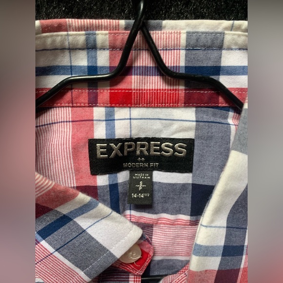 EXPRESS Men’s Red/ Blue Plaid Button-Down Modern Fit Shirt Sz S(14-14.5)PreOwned - Picture 11 of 11